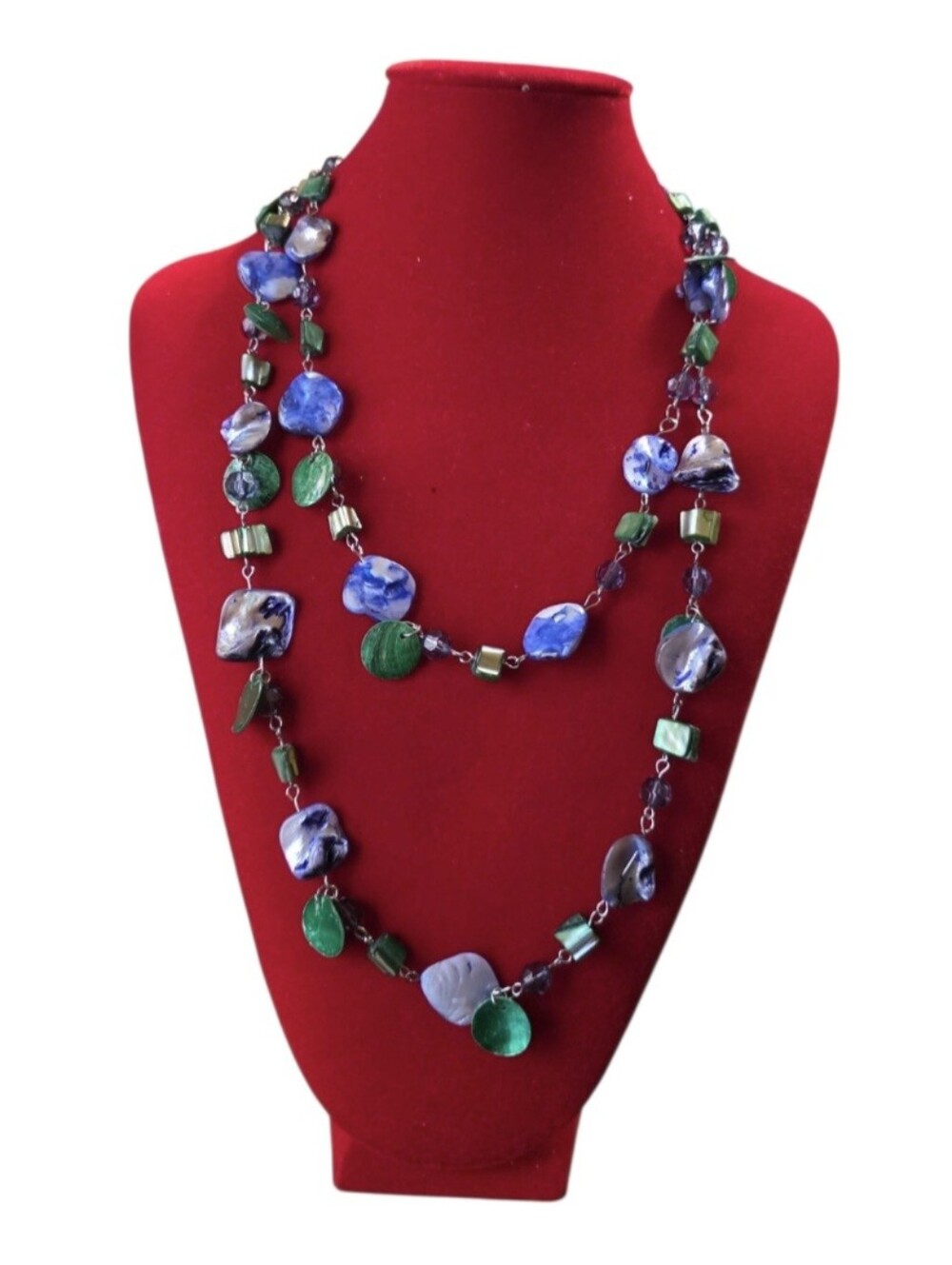 Long Double Geonetric Strand Beaded Blue White Green Purple Abalone Necklace